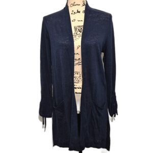 J. Jill Love Linen Open Front Cardigan S Navy Blue 100% Linen Longline LS